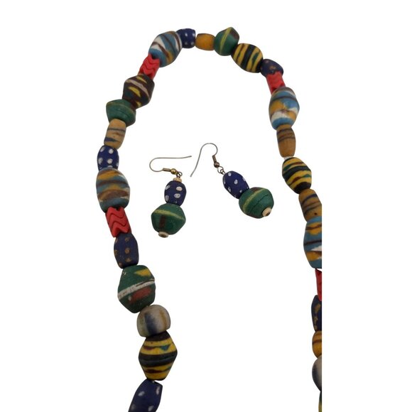 Vintage Heavy Clay & Glass Tribal Necklace w/ Earrings Set (A8240) - Picture 2 of 3